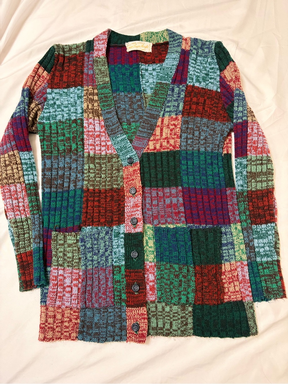 Vtg 70s Women’s Knit Cardigan Sweater Multicolor Ribbed Patchwork XS Acrylic
